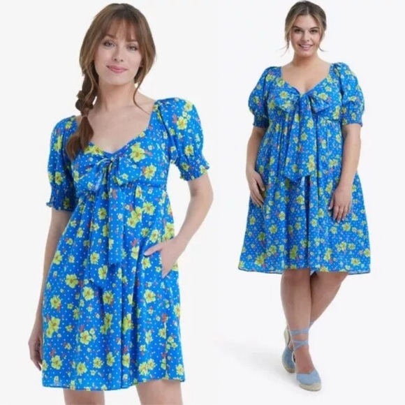 Draper James-Jennifer Mini Dress-Polka Dot-Floral-Blue-Aster-Smocked-Size-M - Picture 1 of 15